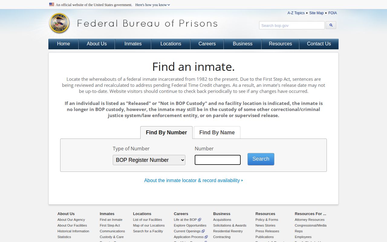 Federal Bureau of Prisons release lookup for a Franklin County federal record